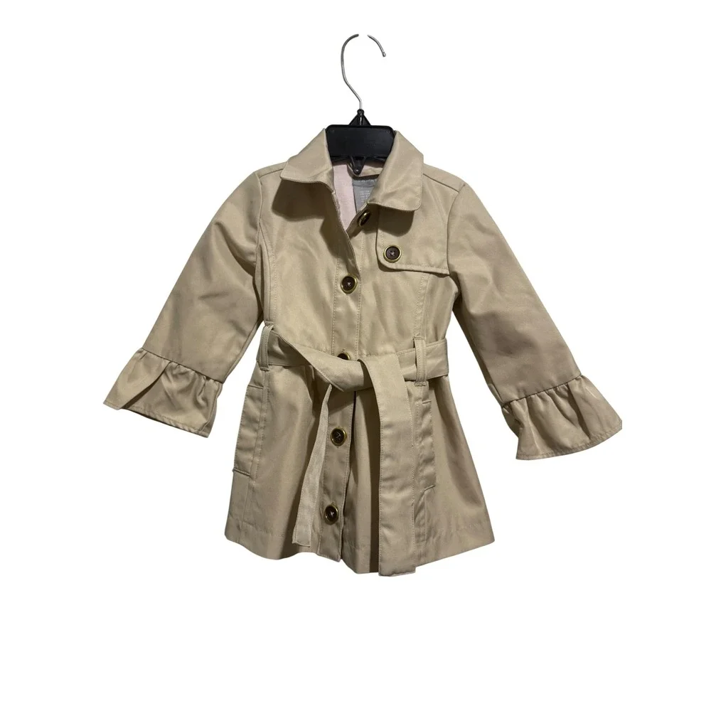 Tahari Trench Coat‎ Kids 12M Beige Ruffle Sleeve Belted Button Front Jacket